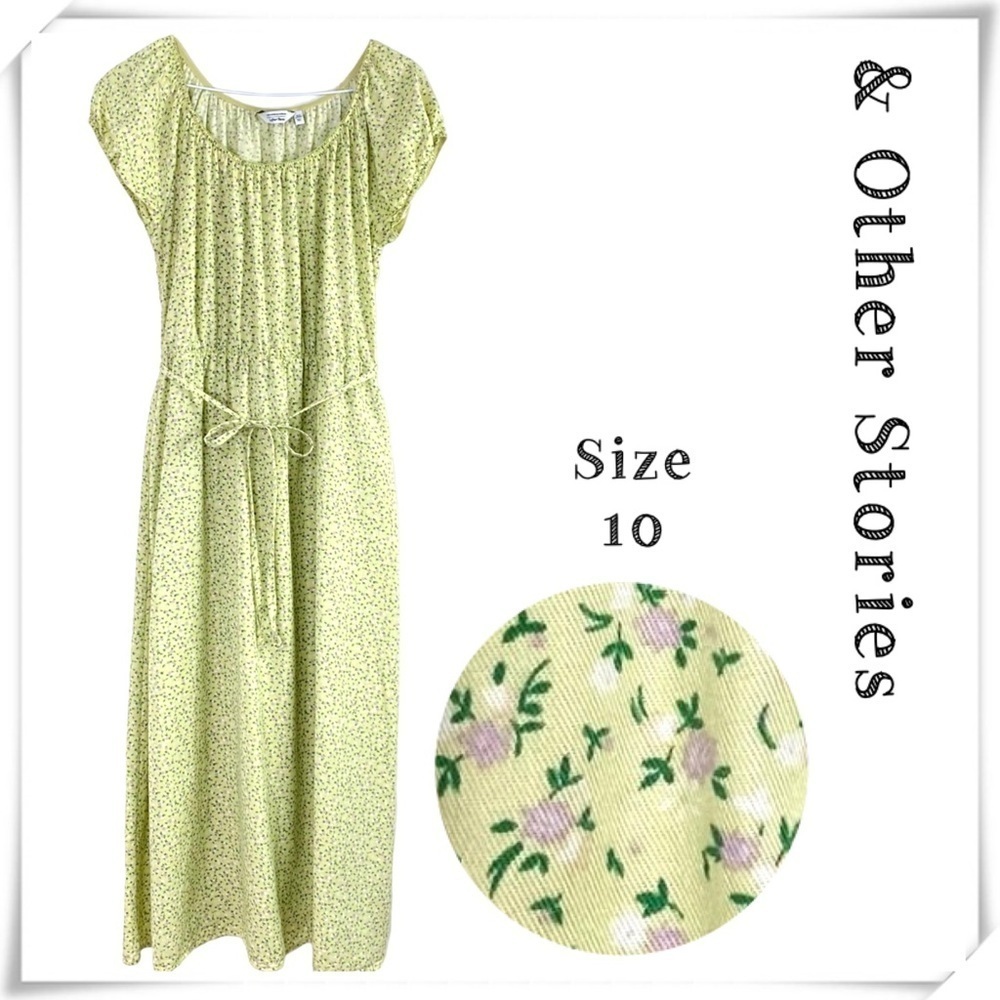 & Other Stories Floral Rouche Puff Sleeve Cottage Midi Dress Soft Yellow Size 10